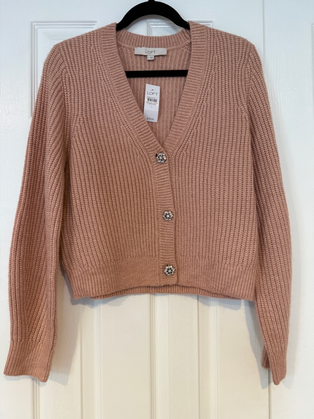 NWT LOFT Peach Metallic Ribbed V-Neck Rhinestone Button-Front Cardigan (Size: L)